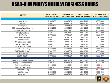 USAG-HUMPHREYS 假日营业时间